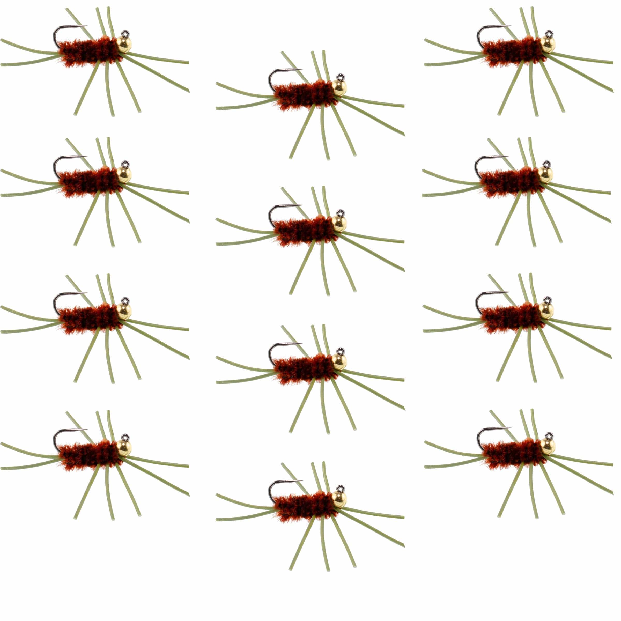The Fly Fishing Place Trout Wet Flies Barbless Pat's Rubber Legs Tungsten Bead Jigged Brown Euro Nymph  - Set of 12 Flies Hook Size 10