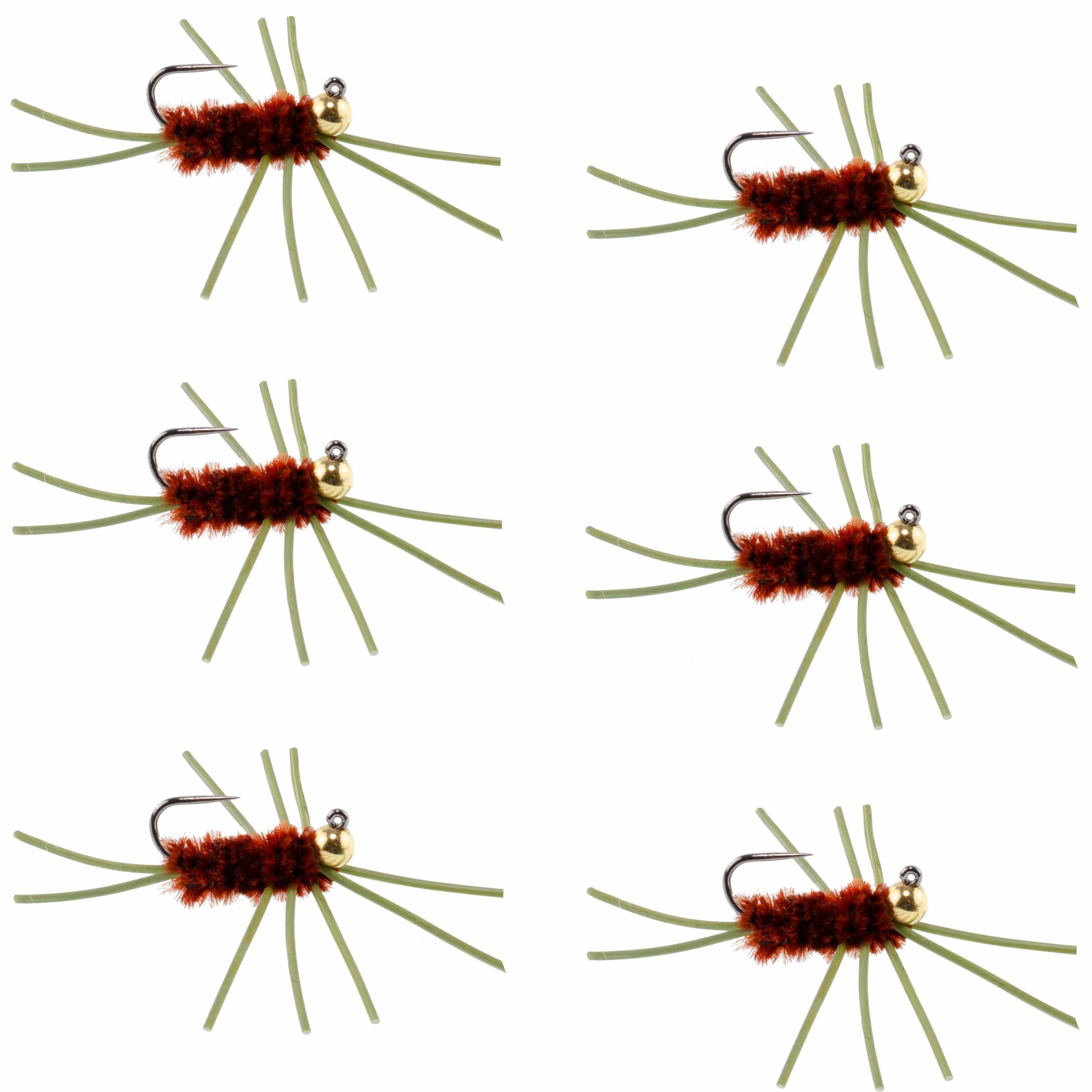 The Fly Fishing Place Trout Wet Flies Barbless Pat's Rubber Legs Tungsten Bead Jigged Brown Euro Nymph  - Set of 6 Flies Hook Size 10