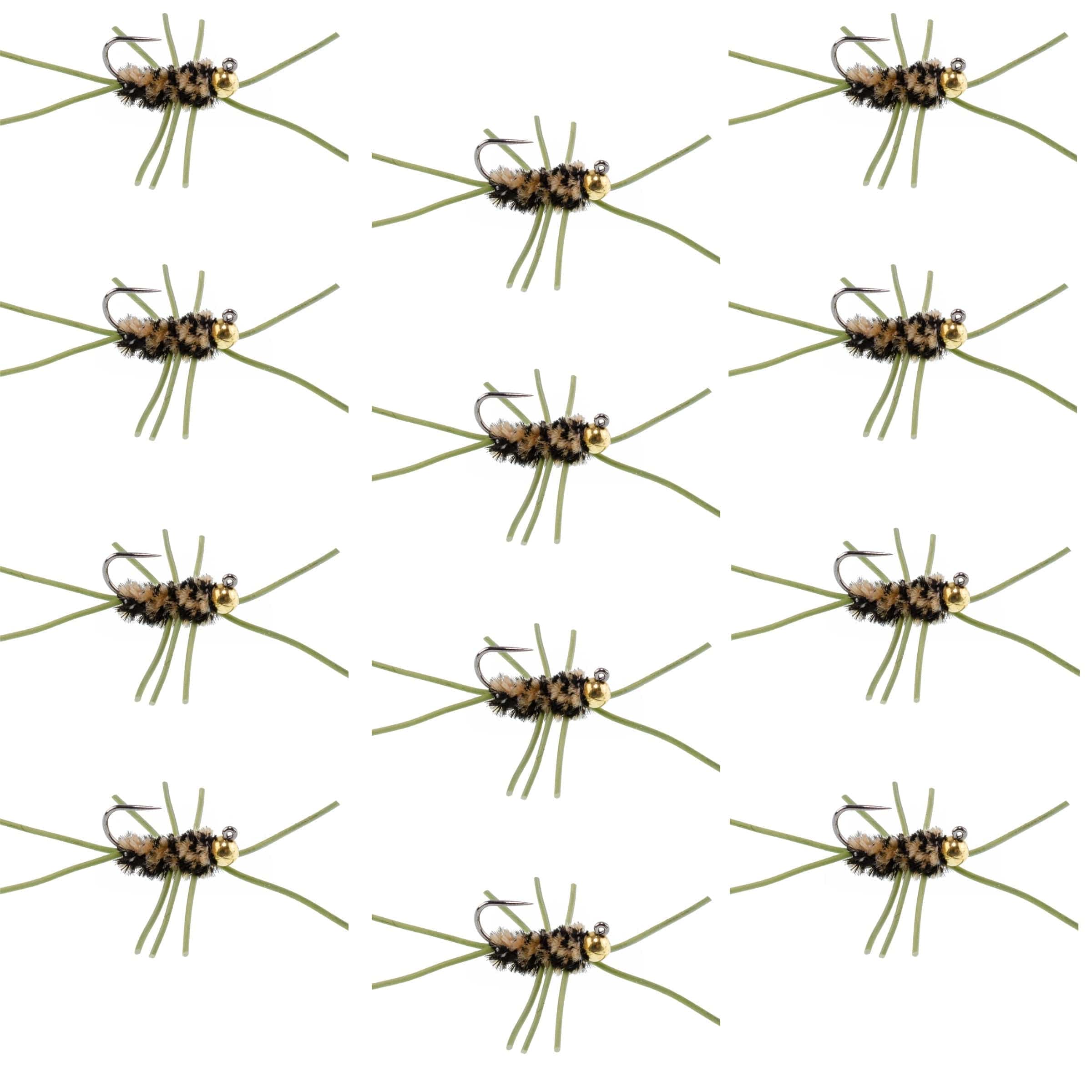 The Fly Fishing Place Trout Wet Flies Barbless Pat's Rubber Legs Tungsten Bead Jigged Coffee/Black Euro Nymph  - Set of 12 Flies Hook Size 10