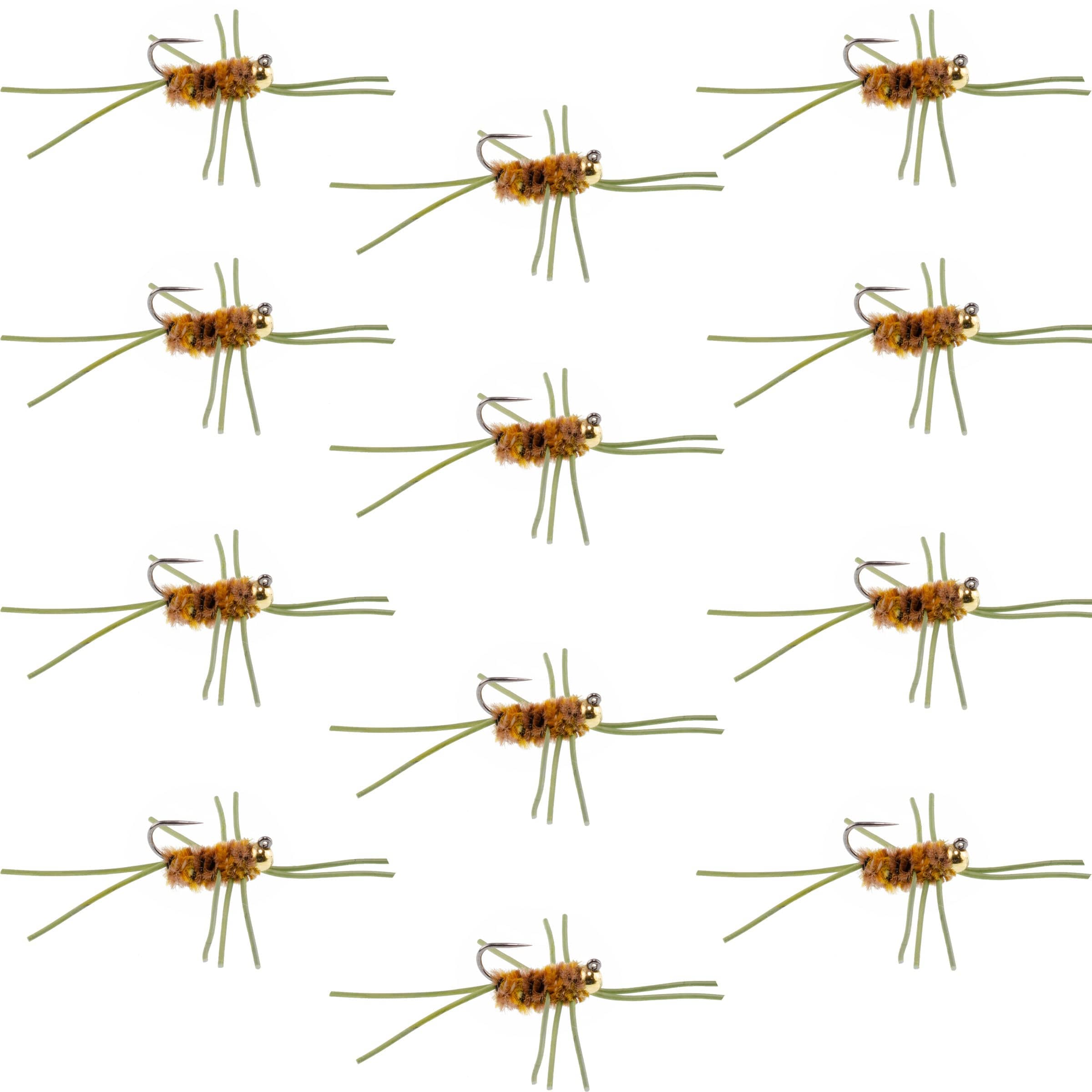 The Fly Fishing Place Trout Wet Flies Barbless Pat's Rubber Legs Tungsten Bead Jigged Coffee/Tan Euro Nymph  - Set of 12 Flies Hook Size 10