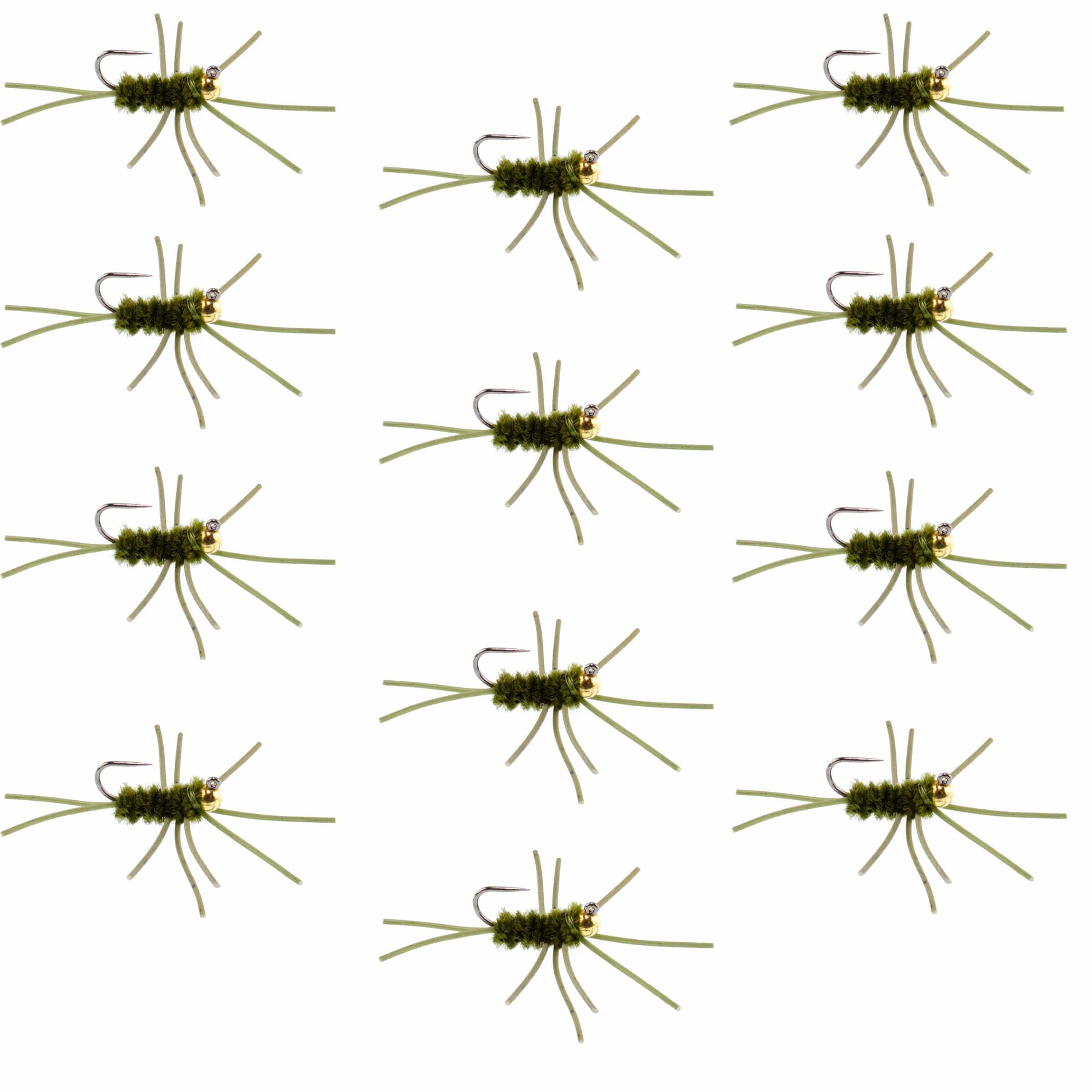 The Fly Fishing Place Trout Wet Flies Barbless Pat's Rubber Legs Tungsten Bead Jigged Dark Olive Euro Nymph  - Set of 12 Flies Hook Size 10