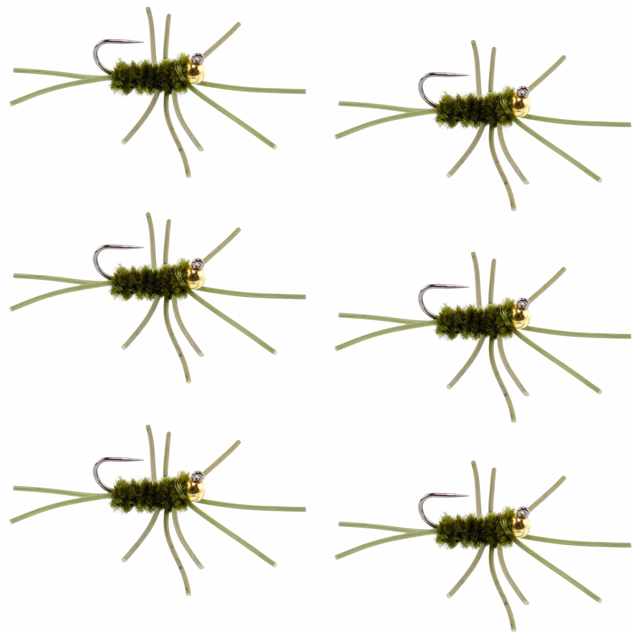 The Fly Fishing Place Trout Wet Flies Barbless Pat's Rubber Legs Tungsten Bead Jigged Dark Olive Euro Nymph  - Set of 6 Flies Hook Size 10