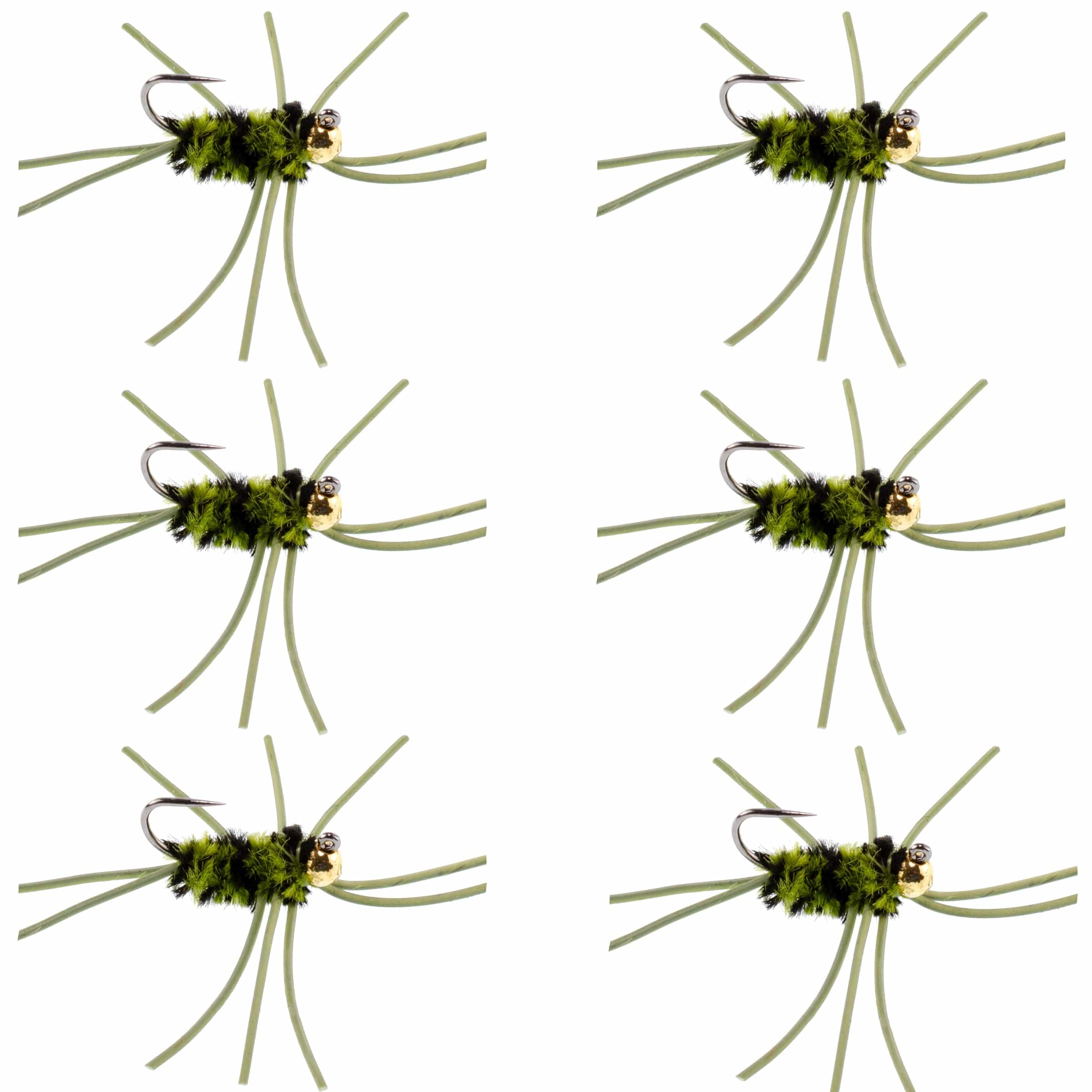 The Fly Fishing Place Trout Wet Flies Barbless Pat's Rubber Legs Tungsten Bead Jigged  Olive/Black Euro Nymph  - Set of 6 Flies Hook Size 10
