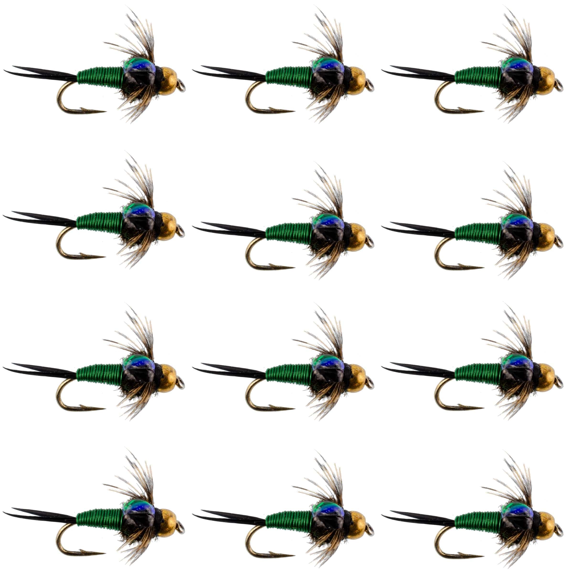 The Fly Fishing Place Trout Wet Flies Bead Head Green Copper John Nymph Fly Fishing Flies - 1 Dozen Flies Hook Size 14