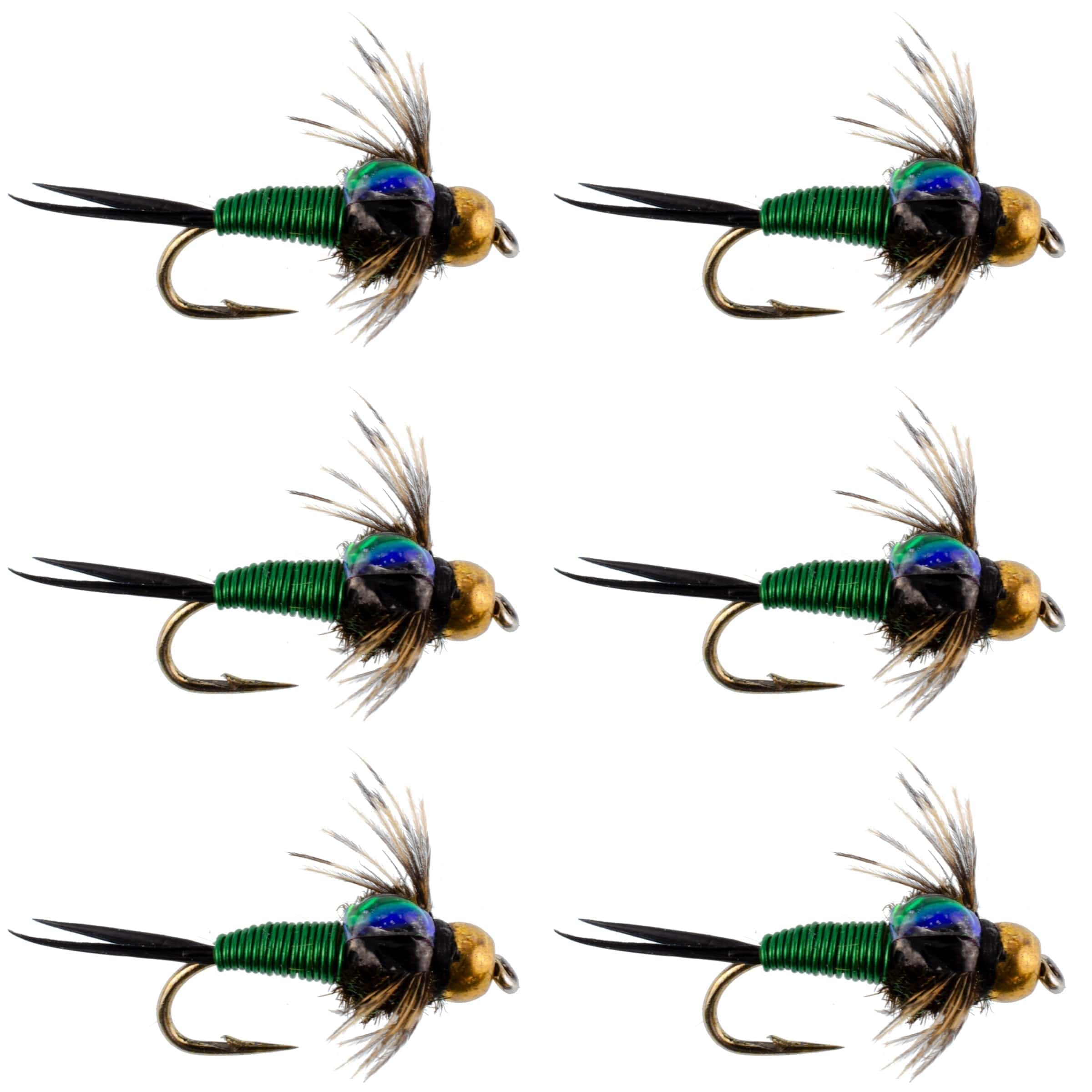 The Fly Fishing Place Trout Wet Flies Bead Head Green Copper John Nymph Fly Fishing Flies - Set of 6 Flies Hook Size 12
