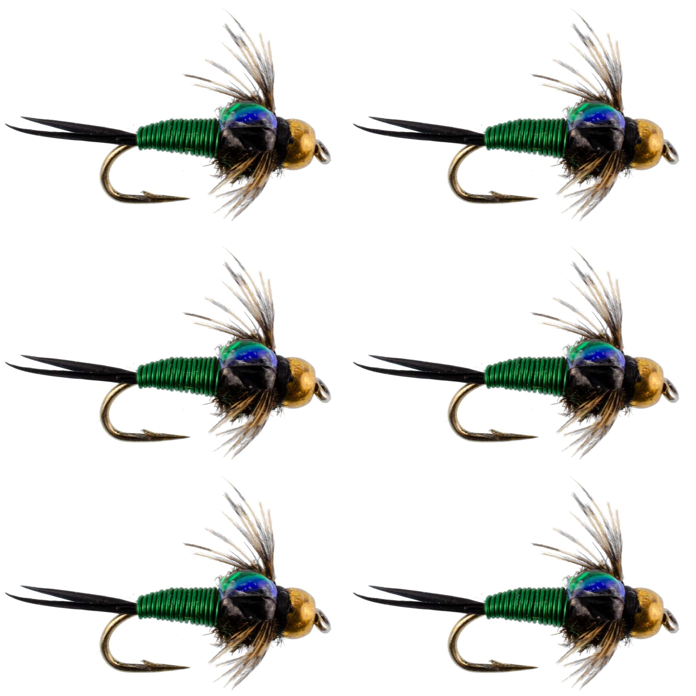 The Fly Fishing Place Trout Wet Flies Bead Head Green Copper John Nymph Fly Fishing Flies - Set of 6 Flies Hook Size 14
