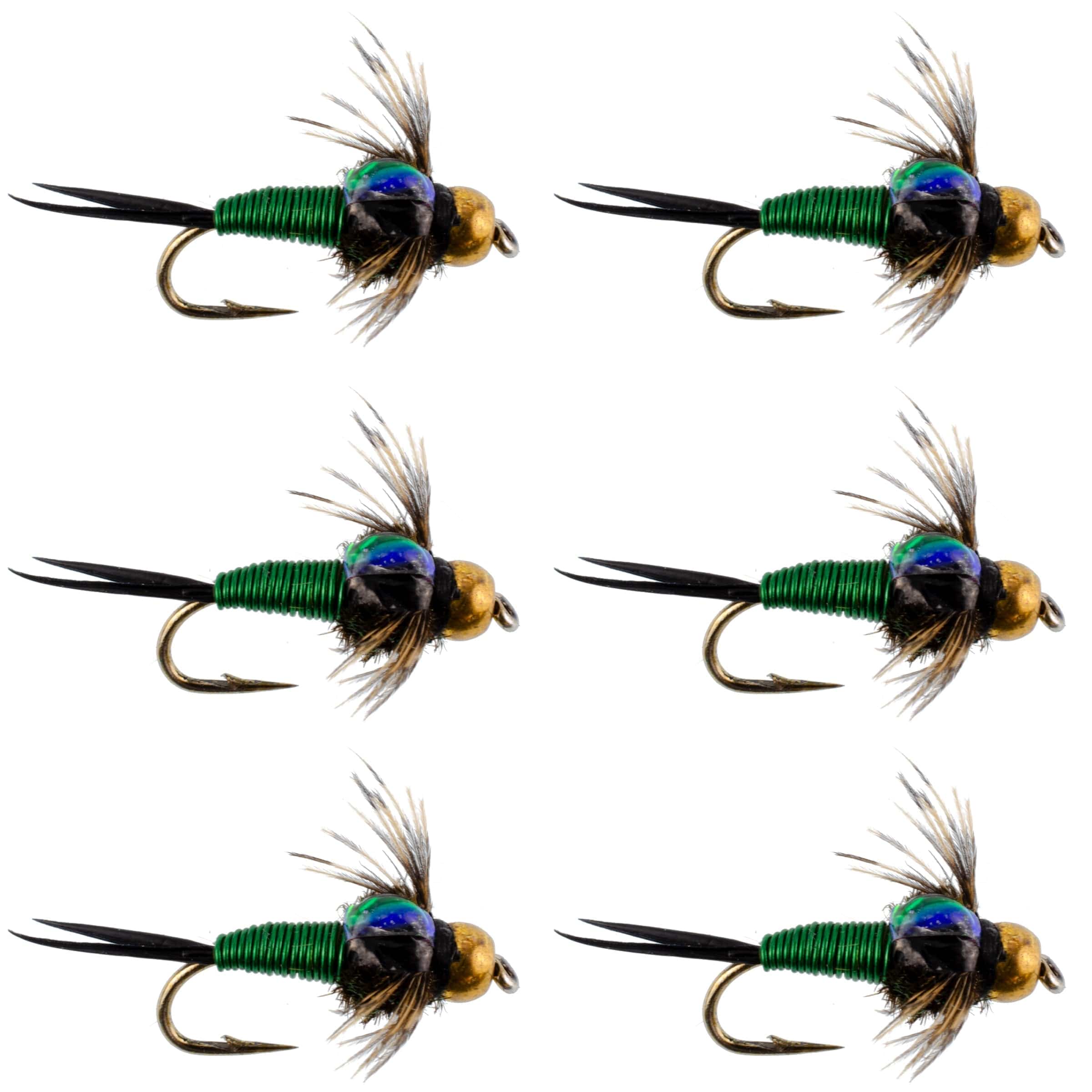 The Fly Fishing Place Trout Wet Flies Bead Head Green Copper John Nymph Fly Fishing Flies - Set of 6 Flies Hook Size 16
