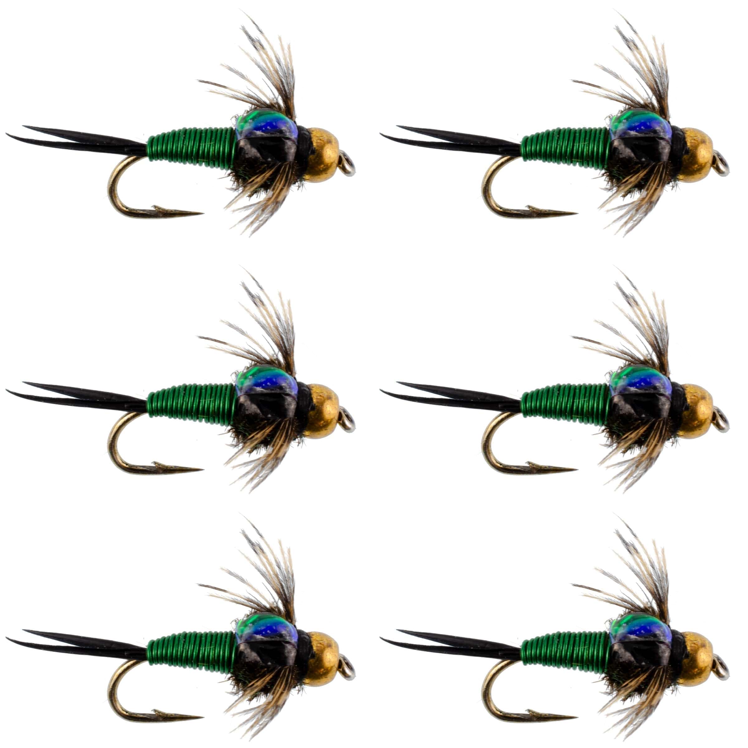 The Fly Fishing Place Trout Wet Flies Bead Head Green Copper John Nymph Fly Fishing Flies - Set of 6 Flies Hook Size 18