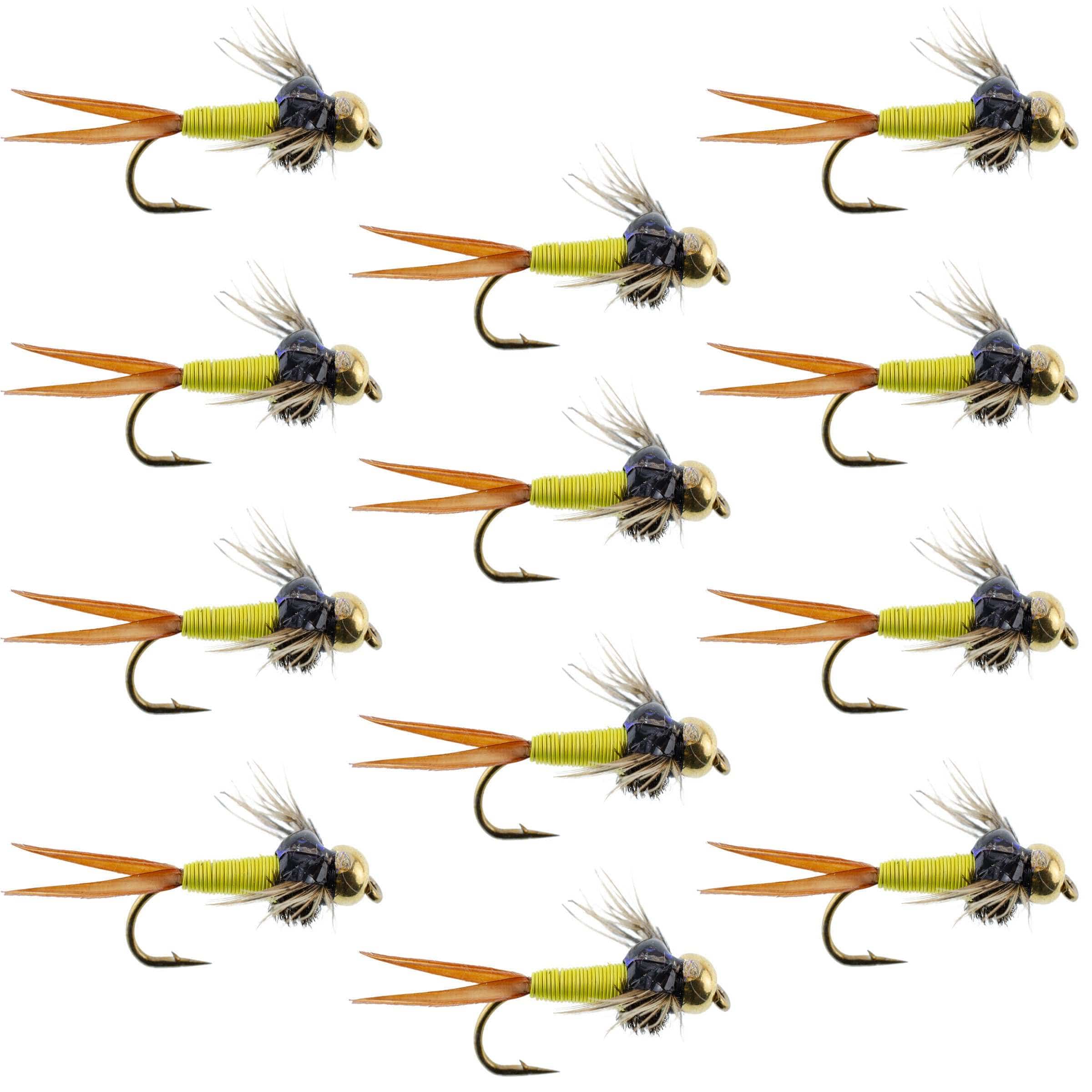 The Fly Fishing Place Trout Wet Flies Bead Head Hot Yellow Copper John Nymph 1 Dozen Fly Fishing Flies - Hook Size 14