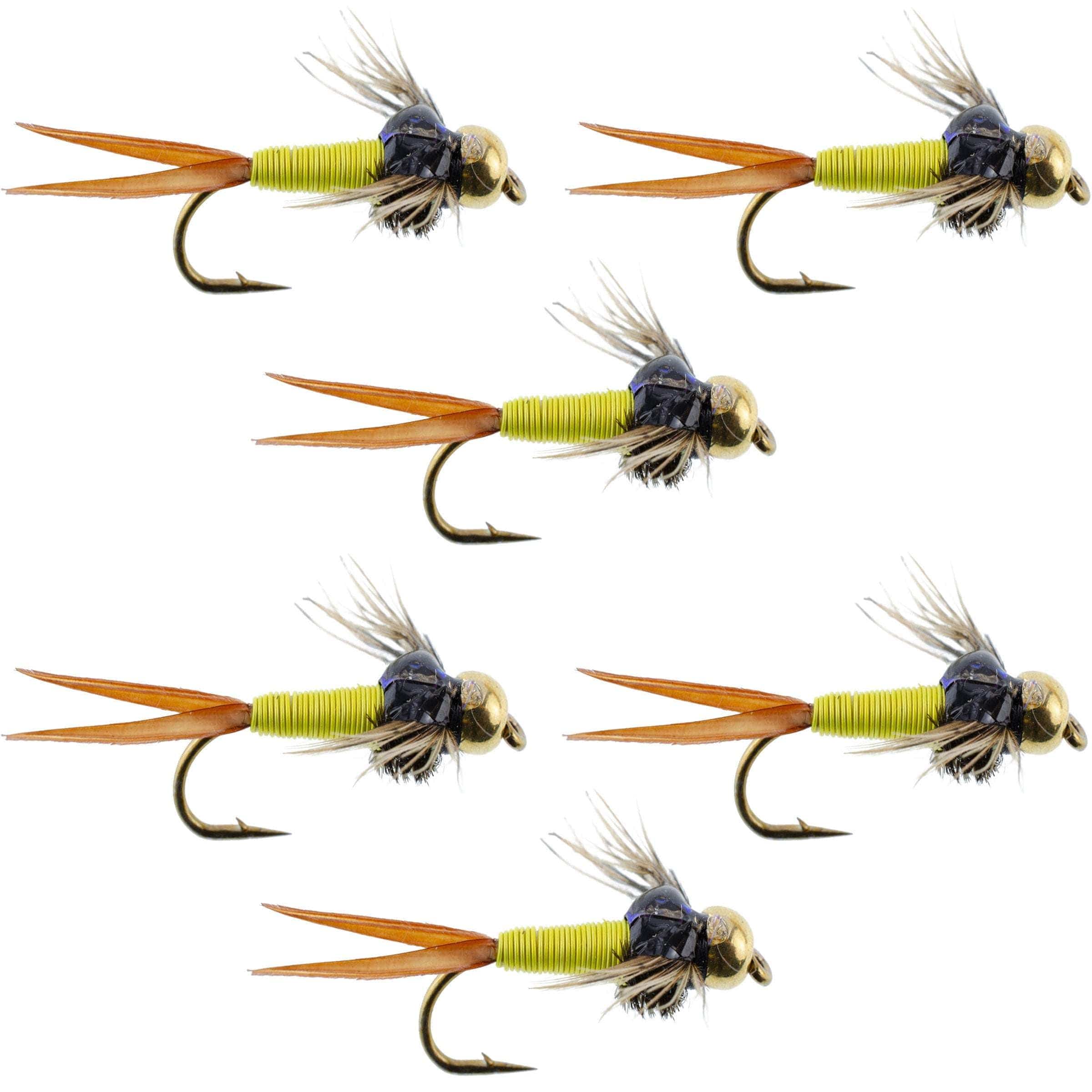 The Fly Fishing Place Trout Wet Flies Bead Head Hot Yellow Copper John Nymph - 6 Fly Fishing Flies - Hook Size 14