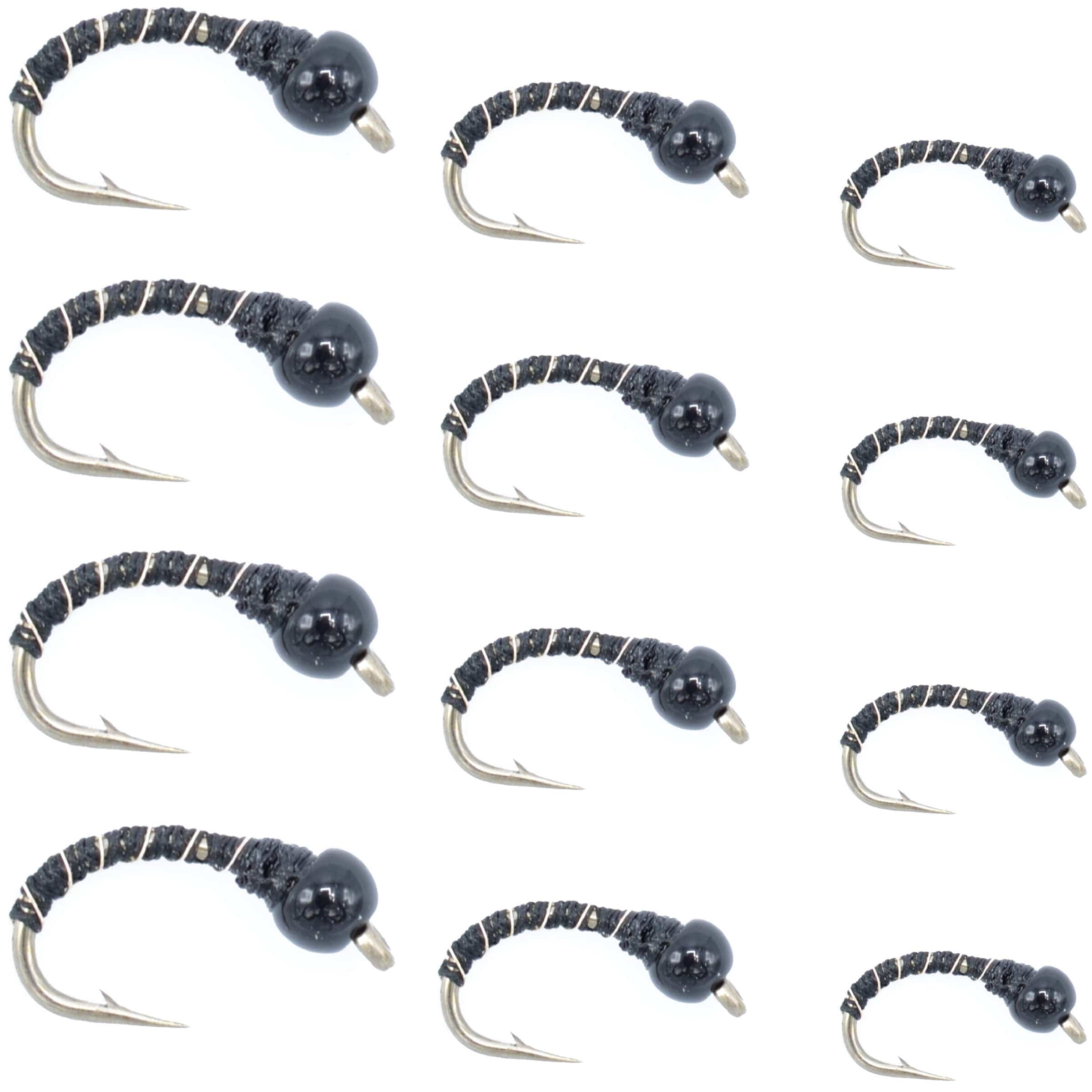 The Fly Fishing Place Trout Wet Flies Black Zebra Midge Assortment - Black Bead Head - 1 Dozen - 4 Each of 3 Sizes 14, 16, 18 - Tailwater and Lake Fly Fishing Flies Assortment