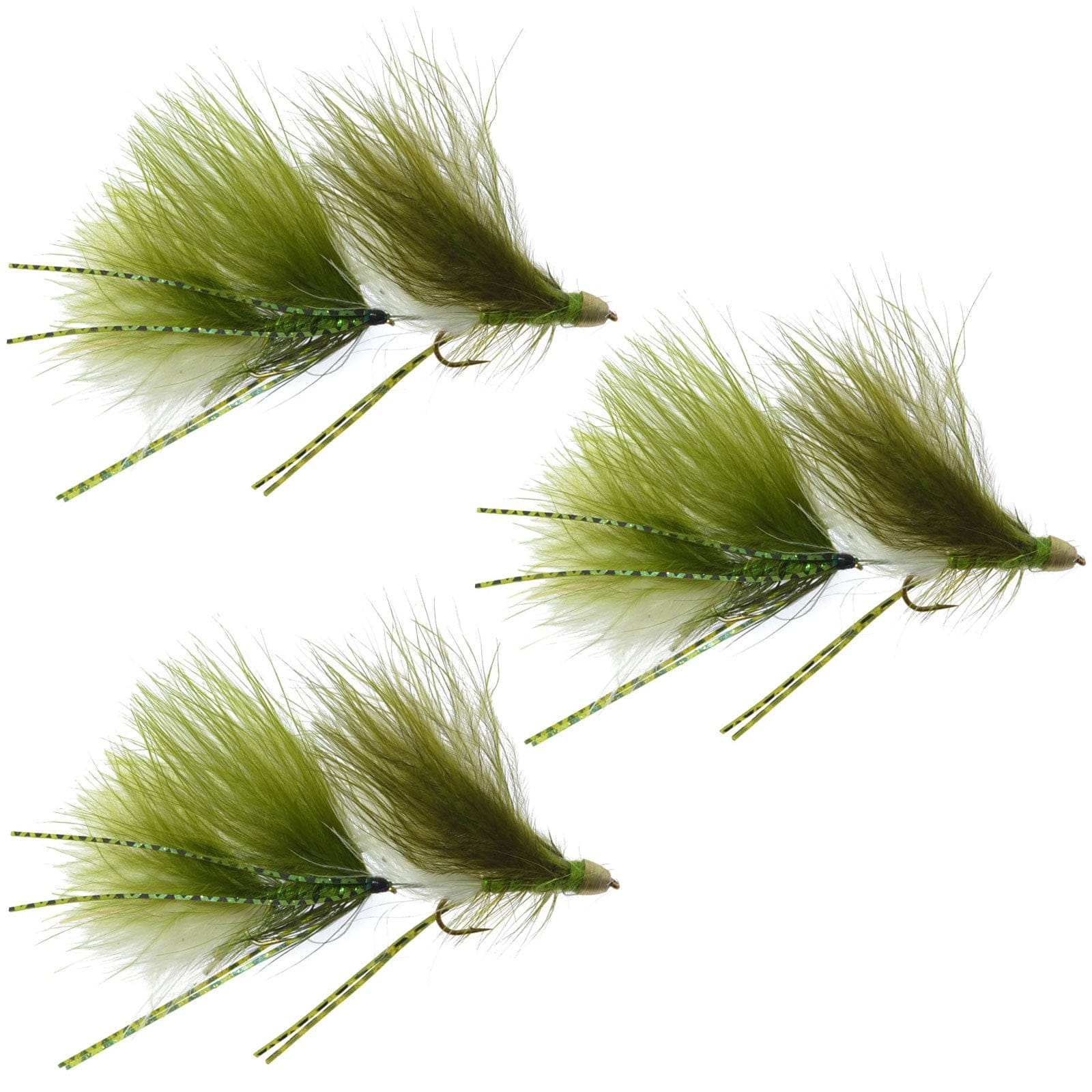 The Fly Fishing Place Trout Wet Flies Circus Peanut Envy Streamer Olive/White - Size 6 - Articulated - Set of 3 - Hook Size 6