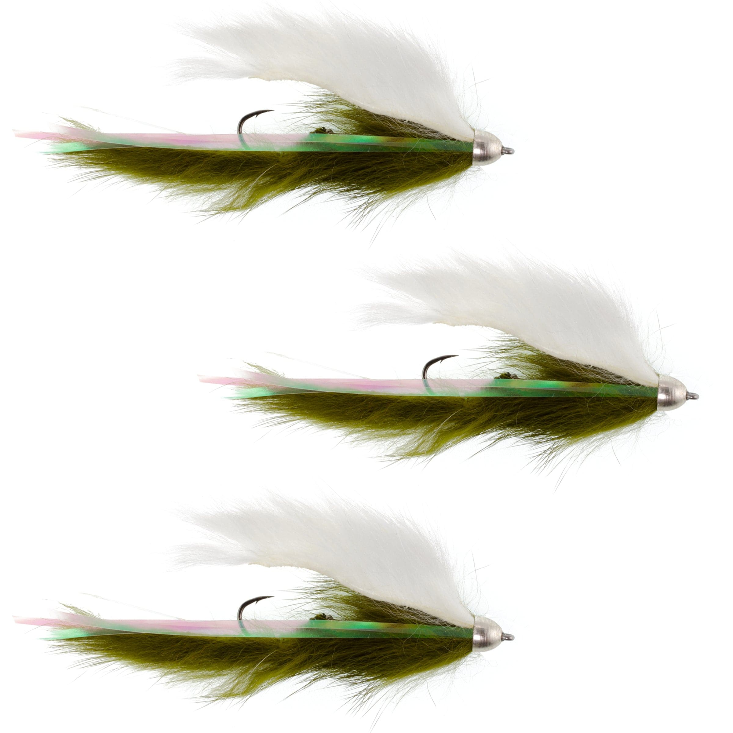 The Fly Fishing Place Trout Wet Flies Dolly Llama Stinger Streamer Flies - 3 Olive and White Steelhead Trout Alaska Fly Fishing Flies - Hook Size 4