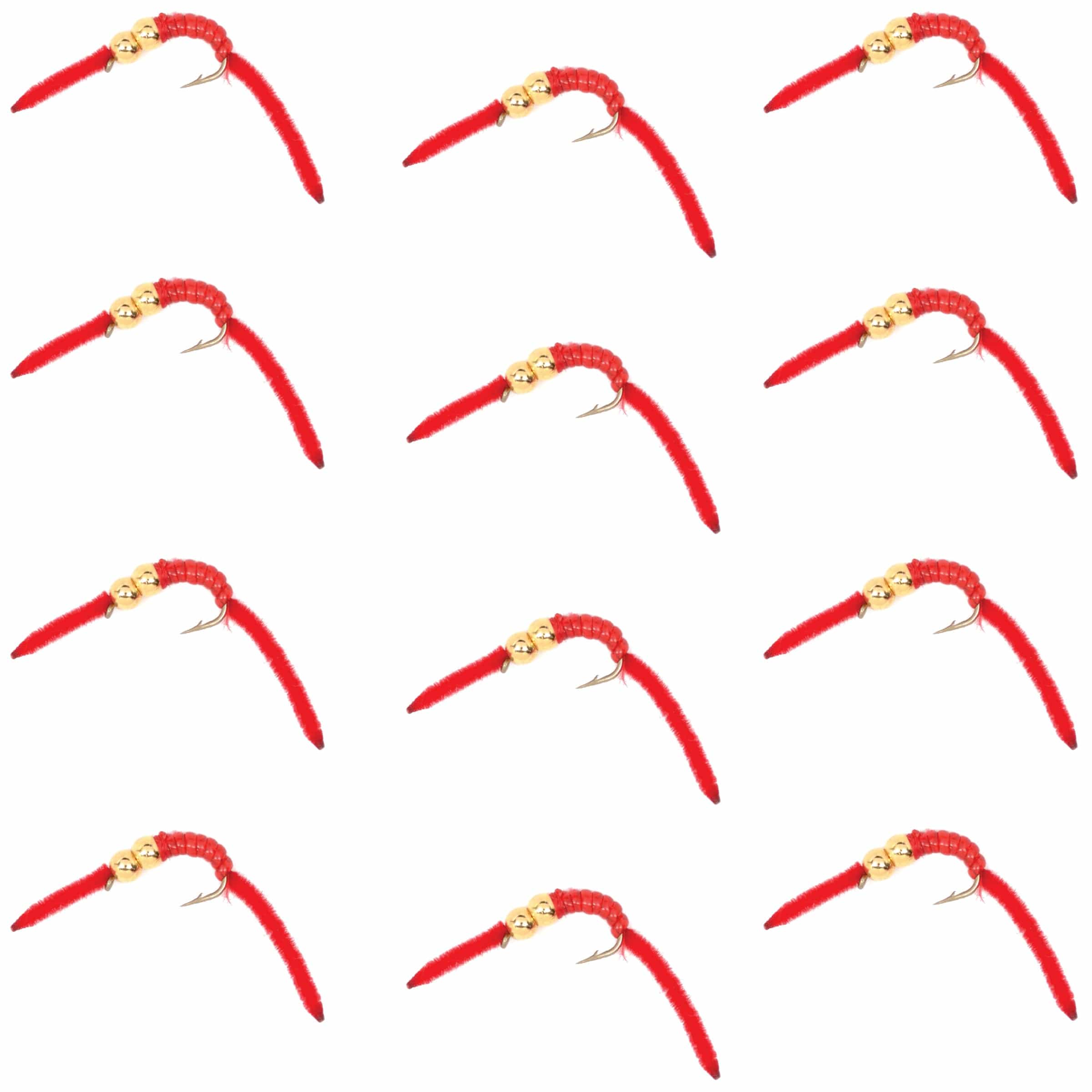 The Fly Fishing Place Trout Wet Flies San Juan Double Bead Power Worm Red V-Rib - 1 Dozen Nymph Flies Hook Size 10