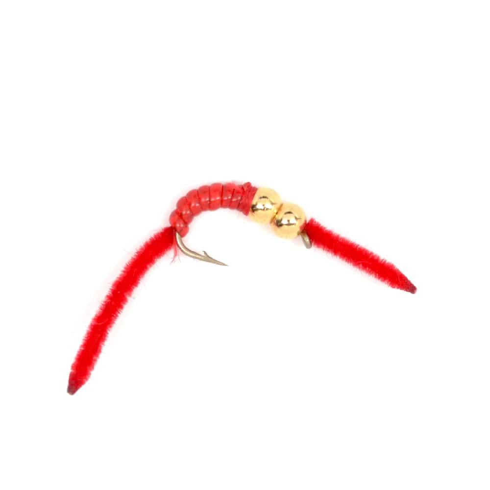 The Fly Fishing Place Trout Wet Flies San Juan Double Bead Power Worm Red V-Rib - 1 Dozen Nymph Flies Hook Size 10