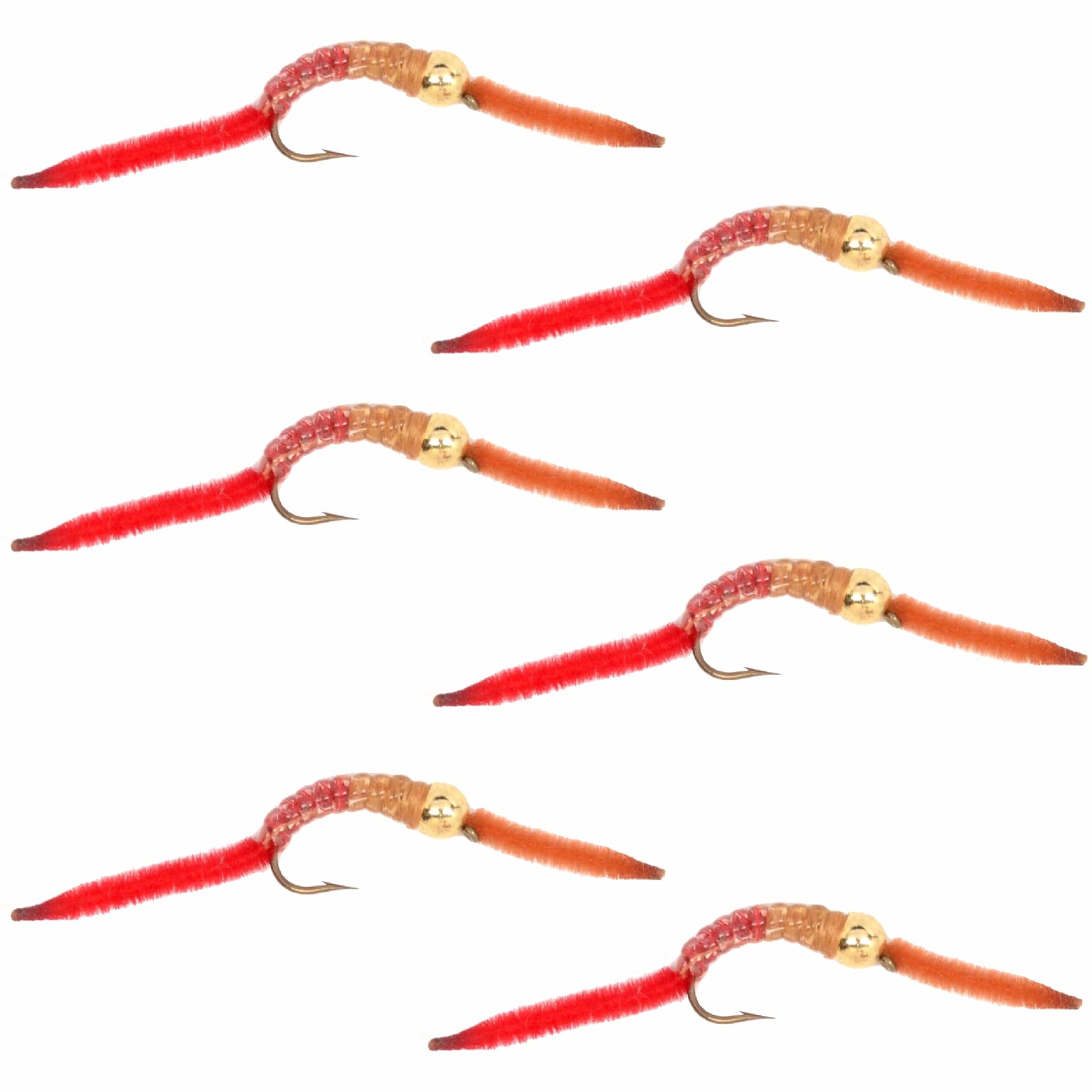 The Fly Fishing Place Trout Wet Flies San Juan Worm Gold Bead Power Worm  Half and Half - Set of 6 Nymph Flies Hook Size 14