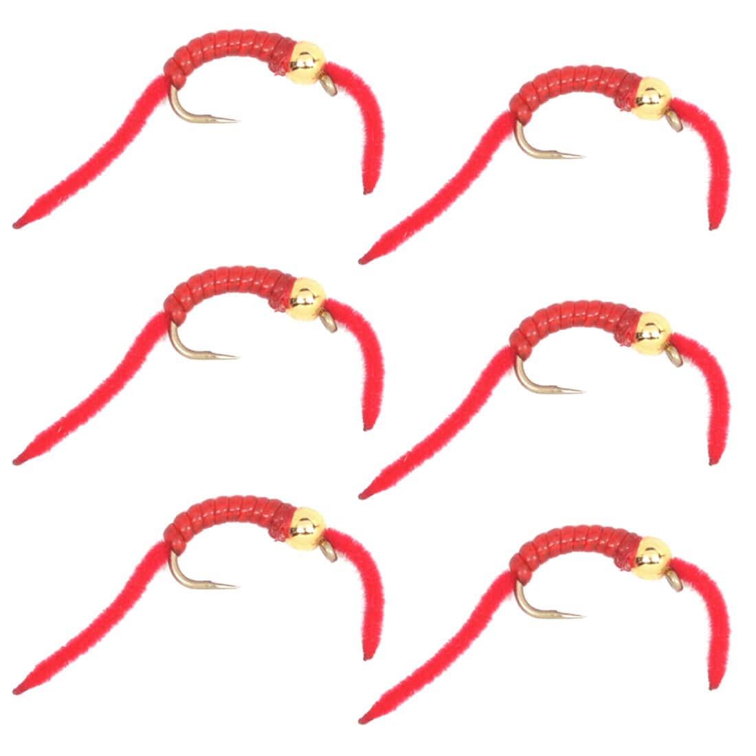 The Fly Fishing Place Trout Wet Flies San Juan Worm Gold Bead Power Worm  Red V-Rib - Set of 6 Nymph Flies Hook Size 14