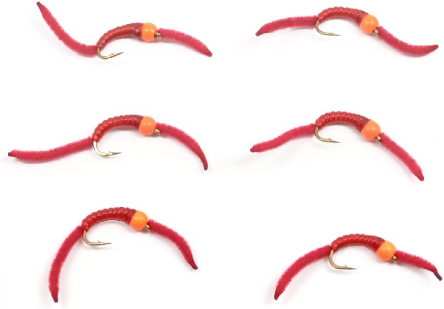 The Fly Fishing Place Trout Wet Flies San Juan Worm Hot Orange Bead Power Worm  Red V-Rib - Set of 6 Nymph Flies Hook Size 14