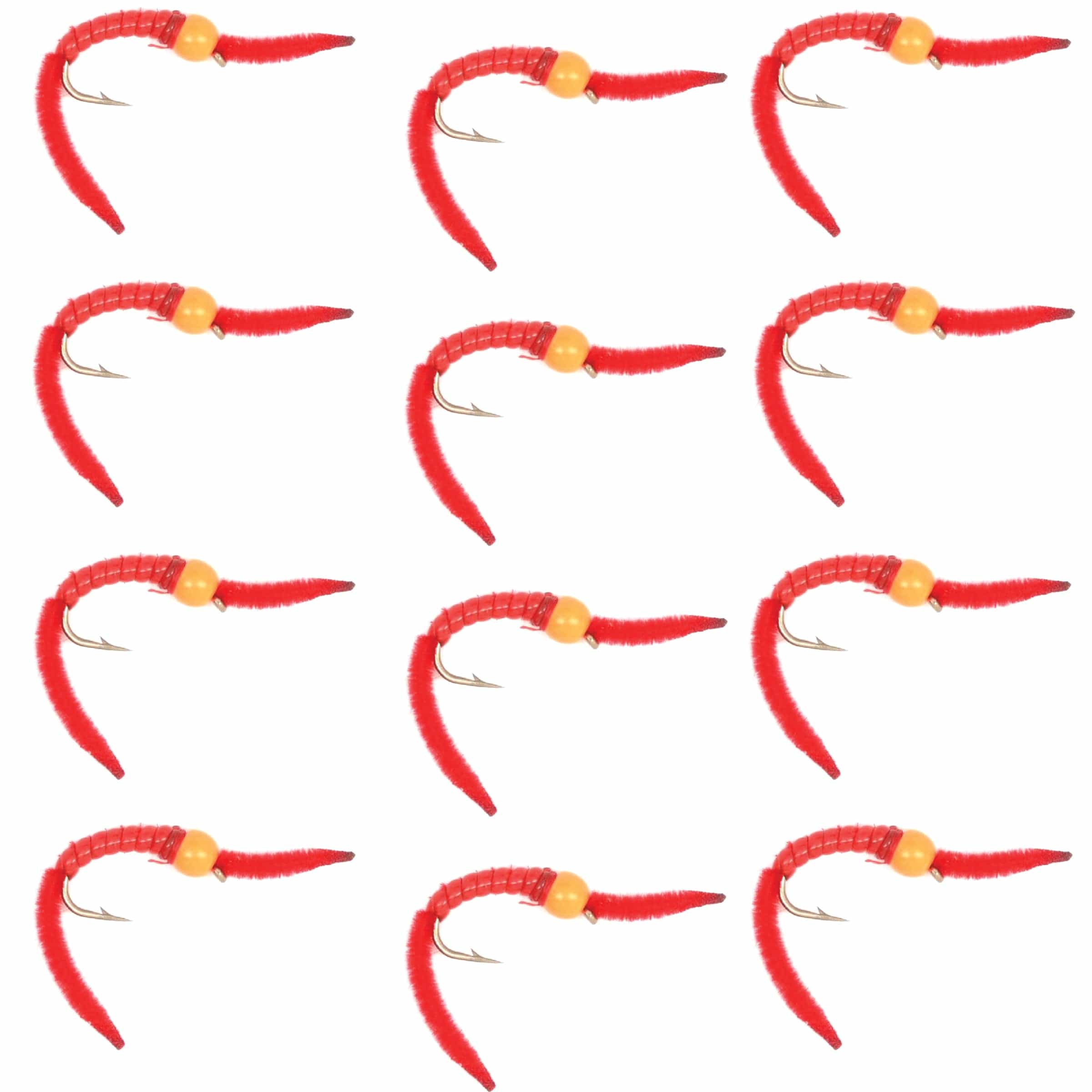 The Fly Fishing Place Trout Wet Flies San Juan Worm Orange Bead Head Power Worm Red V-Rib - 1 Dozen Nymph Flies Hook Size 10