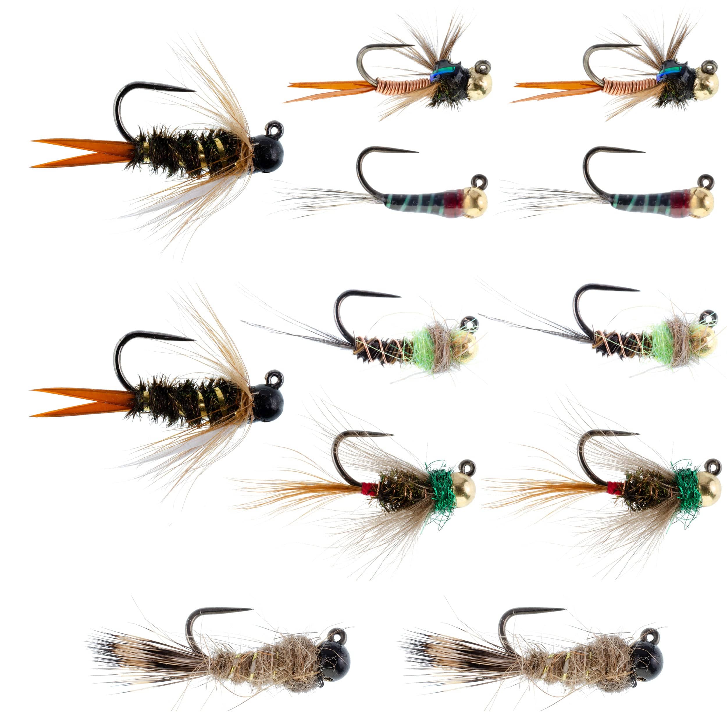 The Fly Fishing Place Trout Wet Flies Tactical Czech Nymph Fly Fishing Flies Collection - One Dozen Tungsten Bead Euro Nymphing Fly Assortment - 2 Each of 6 Patterns - Hook Sizes 12, 14 and 16
