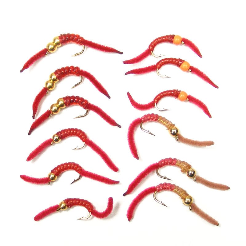 The Fly Fishing Place Trout Wet Flies Trout Fly Assortment - San Juan Worm Power Bead 1 Dozen Wet Nymph Fly Fishing Flies - Hook Size 14 - 3 Each of 4 Patterns