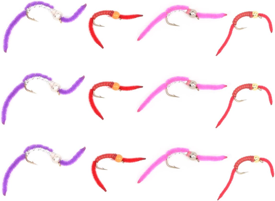 The Fly Fishing Place Trout Wet Flies Trout Fly Assortment - San Juan Worm Power Bead Wet Nymph Fly Fishing Flies -  1 Dozen Hook Size 10 - 3 Each of 4 Patterns