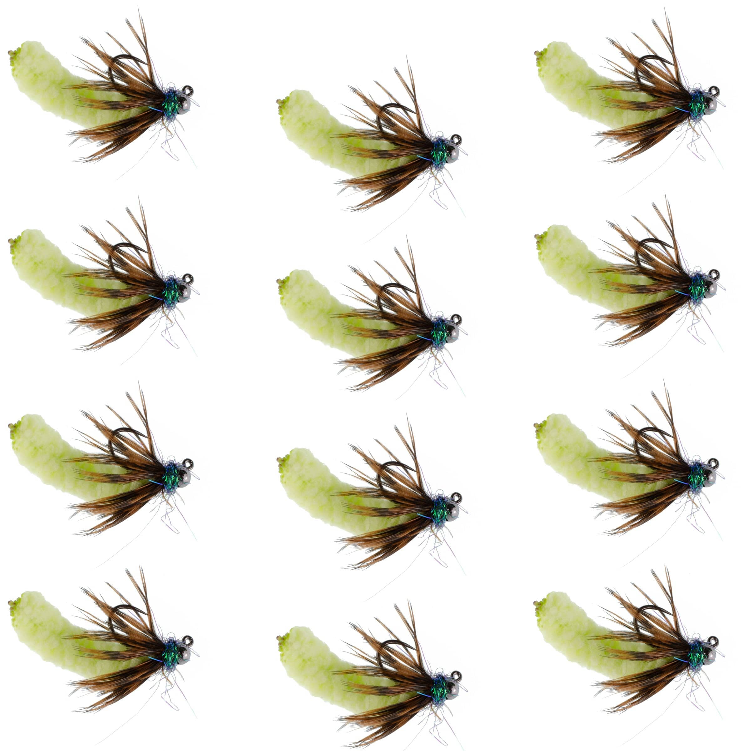 The Fly Fishing Place Trout Wet Flies Tungsten Bead Chartreuse Mop Fly Tactical Jig Czech Euro Nymph Barbless Fly - 1 Dozen Flies Size 14