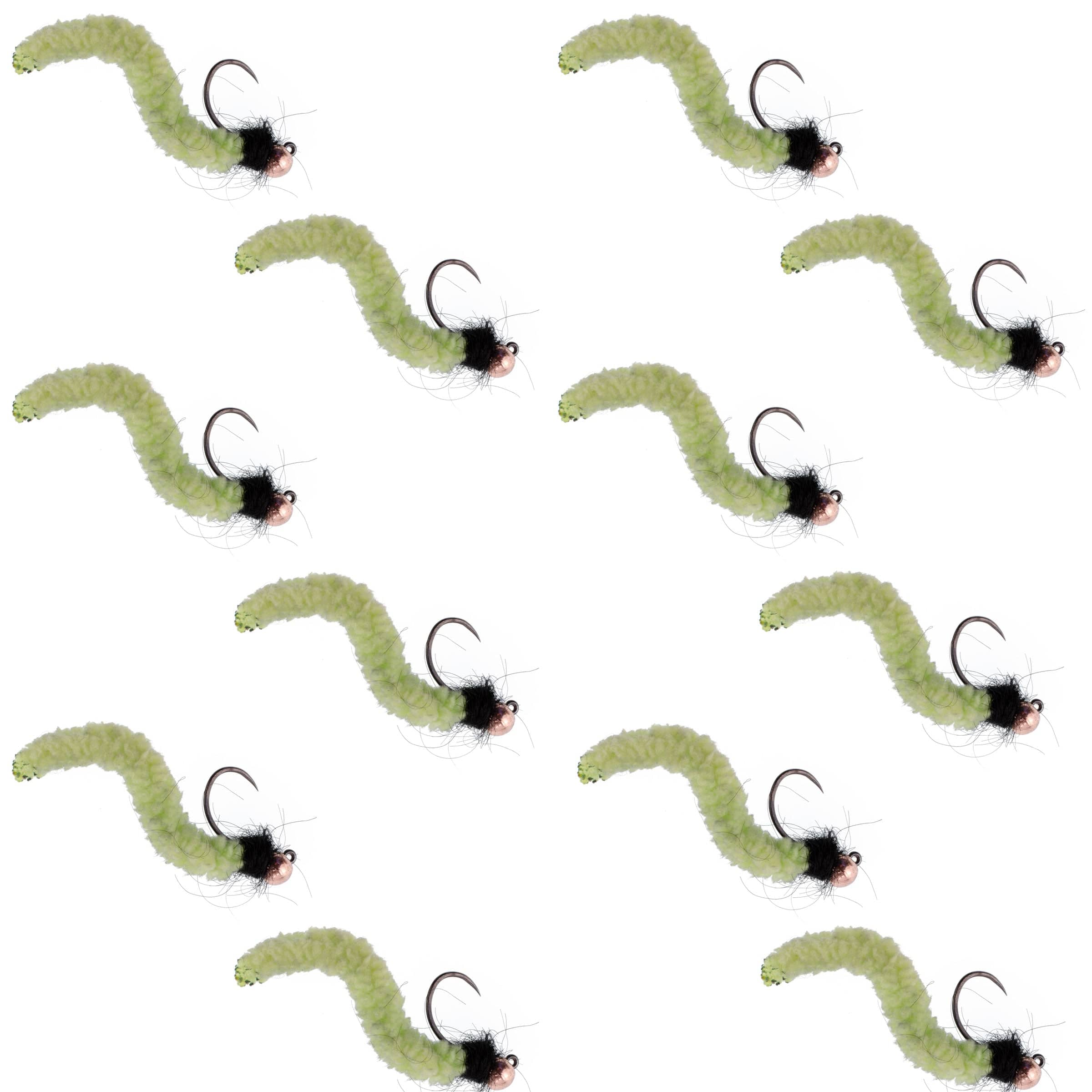 The Fly Fishing Place Trout Wet Flies Tungsten Bead Chartreuse Wormy Mop Fly Tactical Jig Czech Euro Nymph Barbless Fly - 1 Dozen Flies Size 14