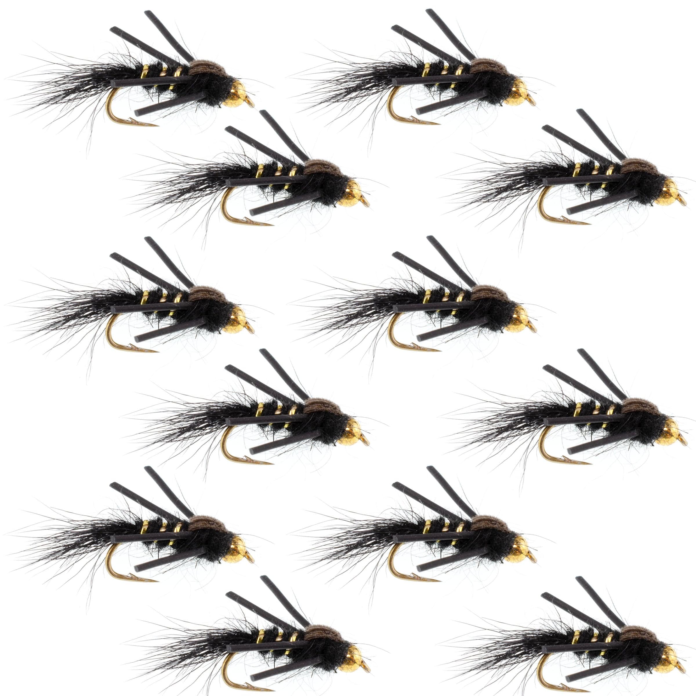 The Fly Fishing Place Trout Wet Flies Tungsten Bead Head Rubber Legs Black Gold-Ribbed Hare's Ear Trout Fly Nymph - 1 Dozen Flies Hook Size 12