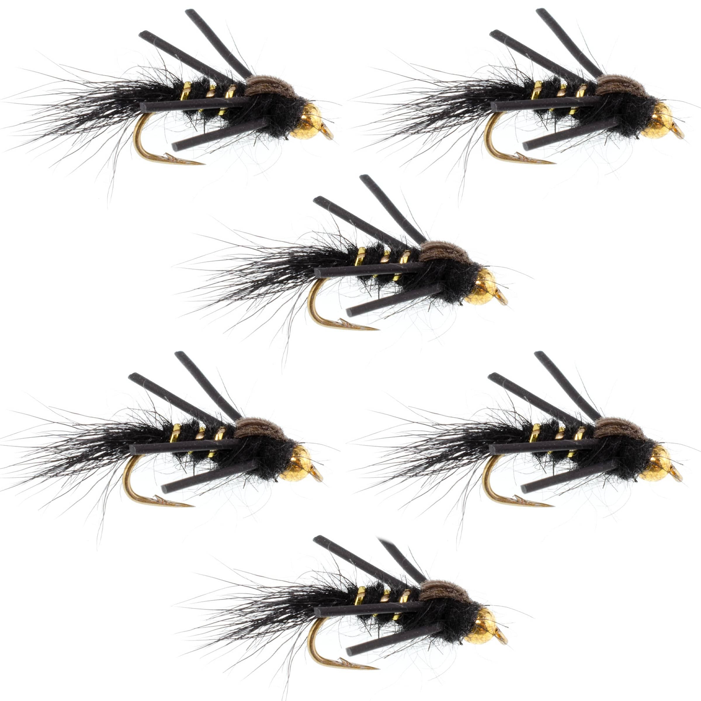 The Fly Fishing Place Trout Wet Flies Tungsten Bead Head Rubber Legs Black Gold-Ribbed Hare's Ear Trout Fly Nymph - 6 Flies Hook Size 16