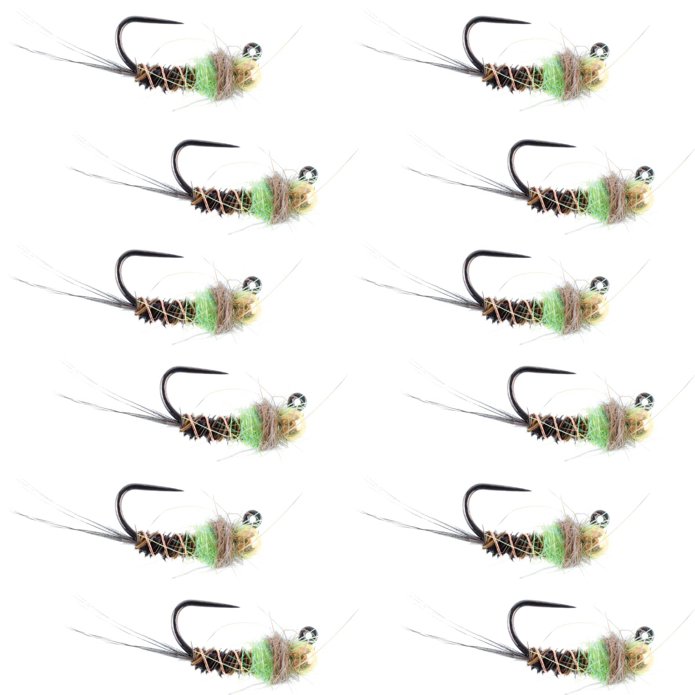 The Fly Fishing Place Trout Wet Flies Tungsten Bead Hot Spot Pheasant Tail Tactical Jig Chartreuse Czech Nymph Euro Nymphing Fly - 1 Dozen Flies Size 14