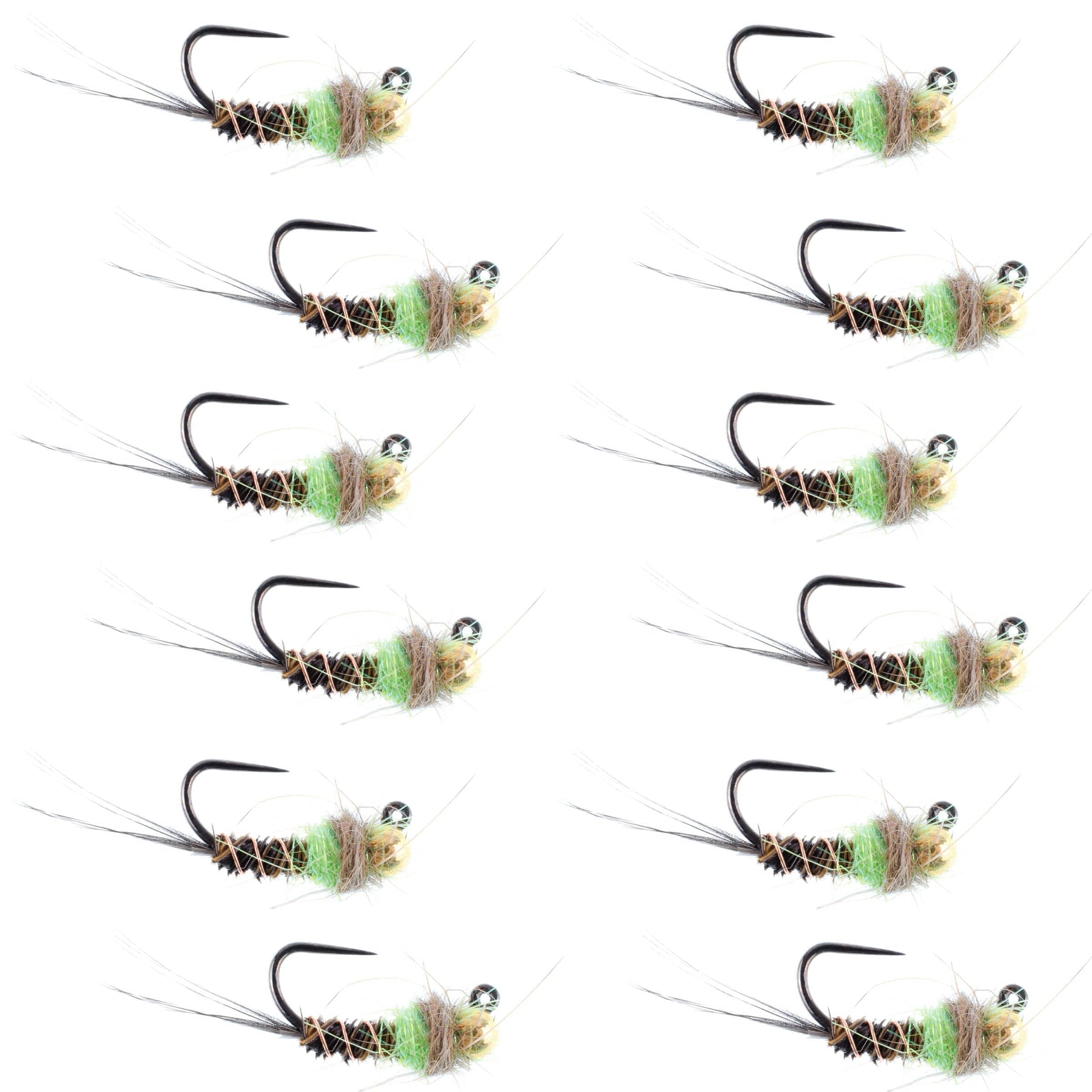 The Fly Fishing Place Trout Wet Flies Tungsten Bead Hot Spot Pheasant Tail Tactical Jig Chartreuse Czech Nymph Euro Nymphing Fly - 1 Dozen Flies Size 16