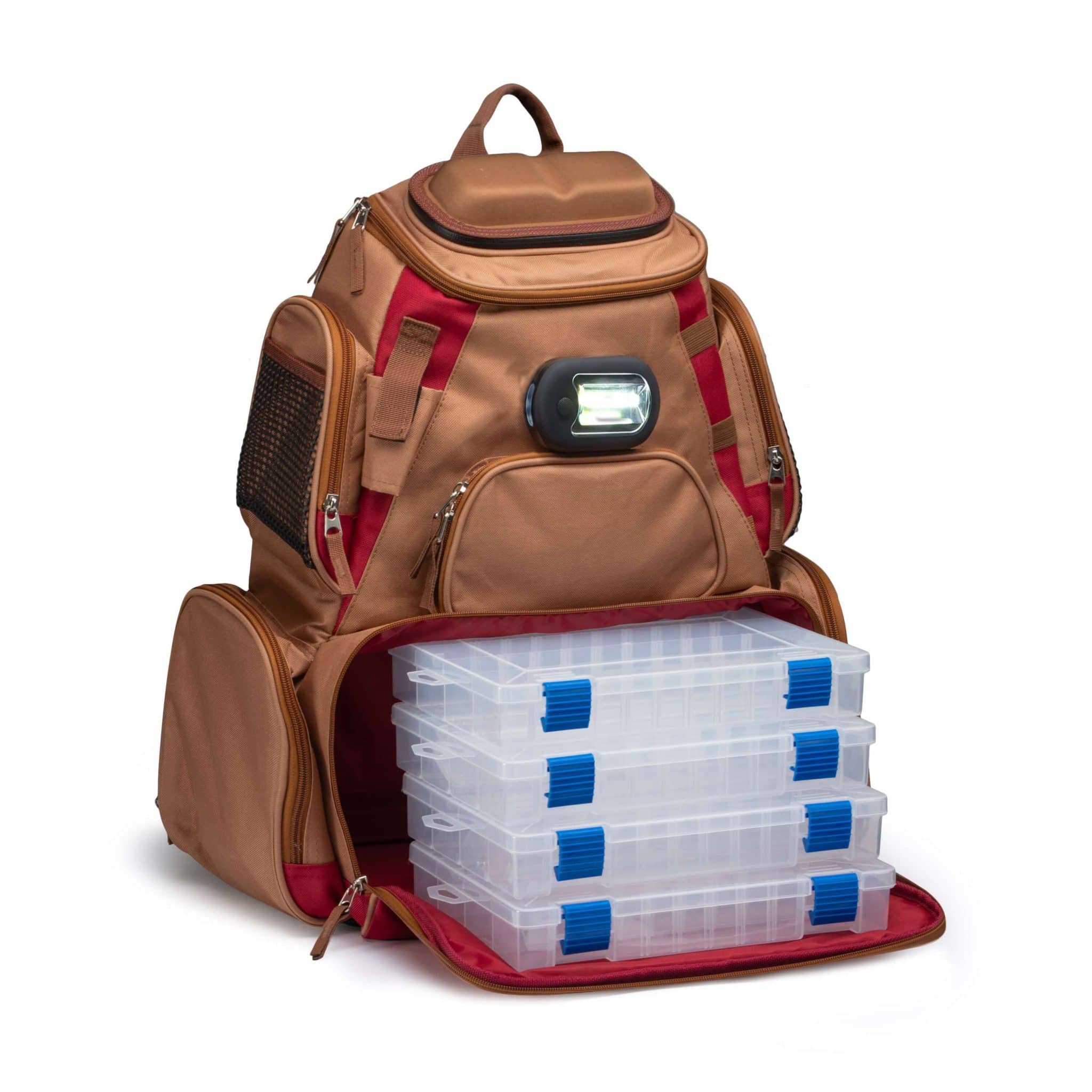 VEXAN® Tackle Bags & Boxes Tan & Burgundy VEXAN® Fishing Backpack Tackle Box w/Removable LED Light