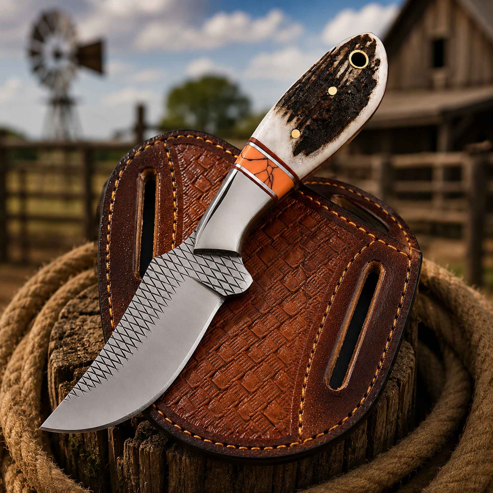 MALIKA KNIVES simple Western Belt Knife D2 Rasp Steel Stag Horn Handle