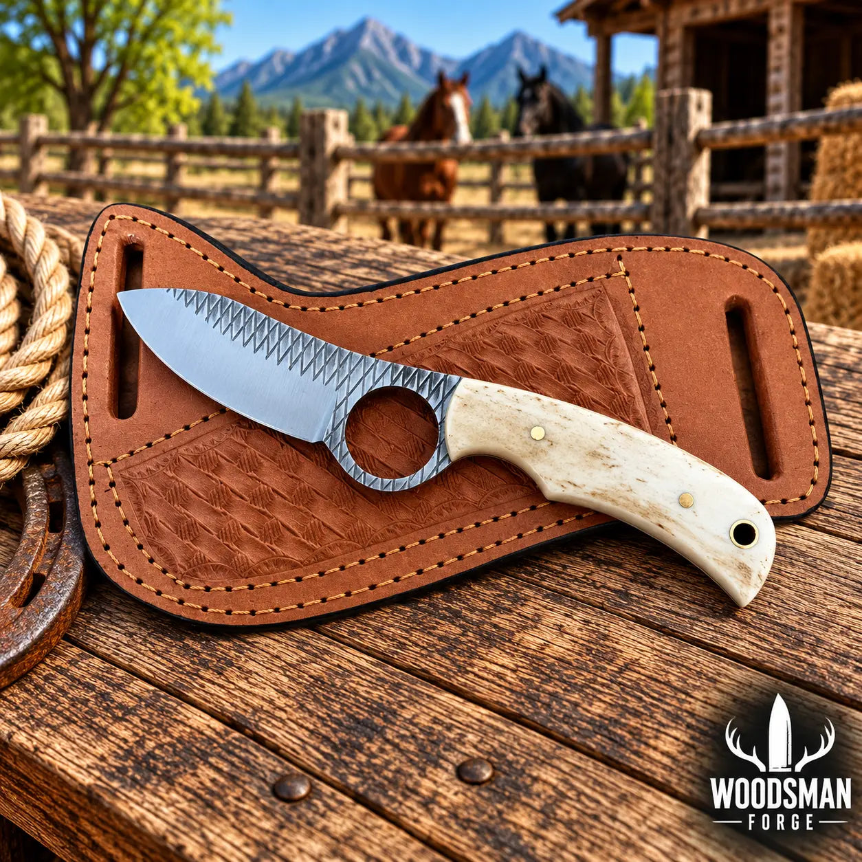 Bonecrest Rasp Steel Skinner Knife – Bone Handle & Leather Sheath