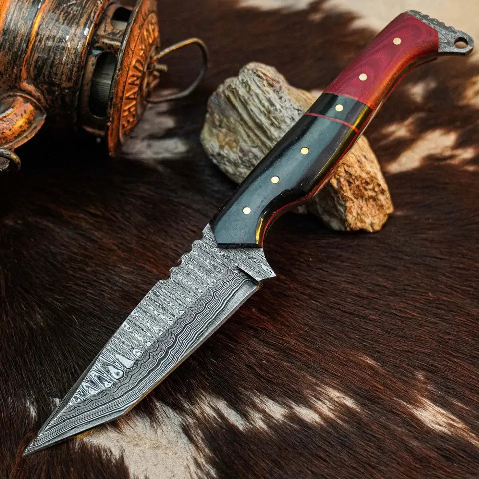 8.7" Handmade Damascus Knife – Full Tang Hybrid Handle & Sheath