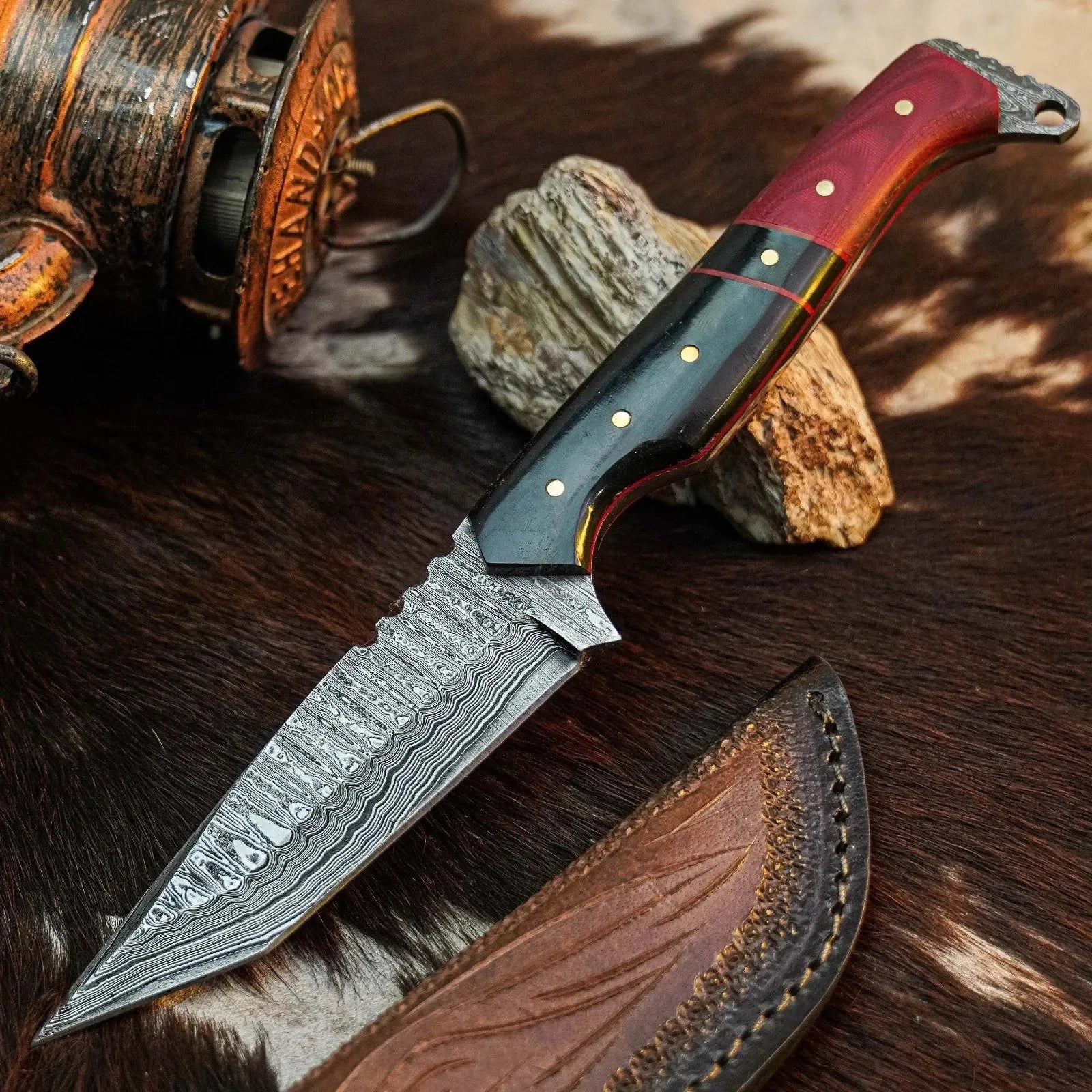8.7" Handmade Damascus Knife – Full Tang Hybrid Handle & Sheath