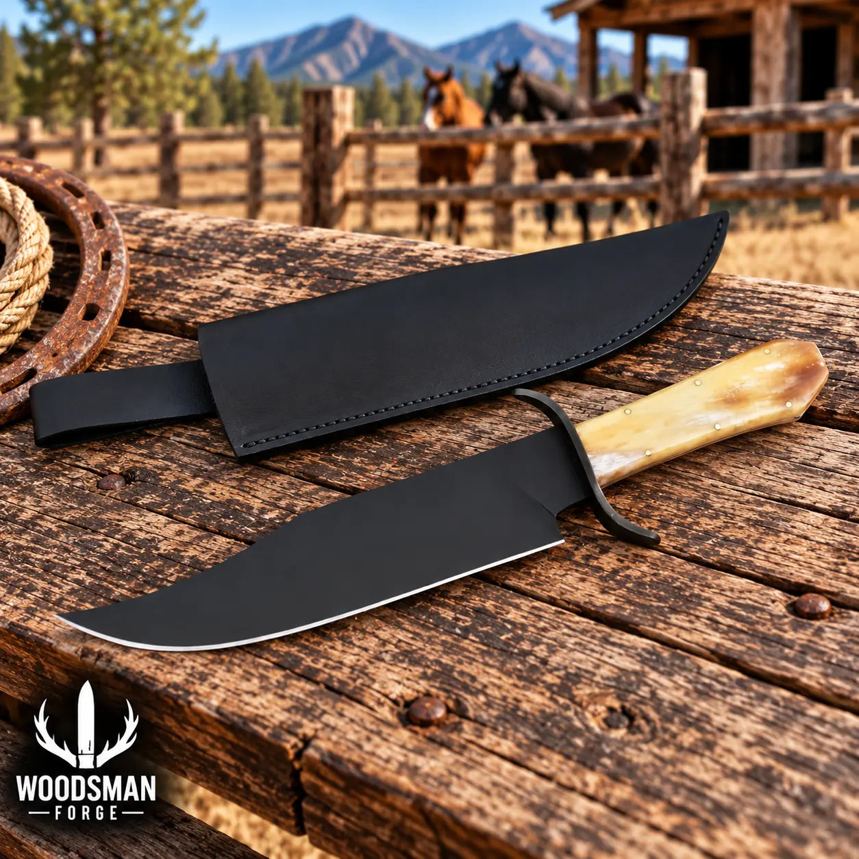Ironmesa Powder Coated Bowie Knife – Camel Bone Handle & Leather Sheath