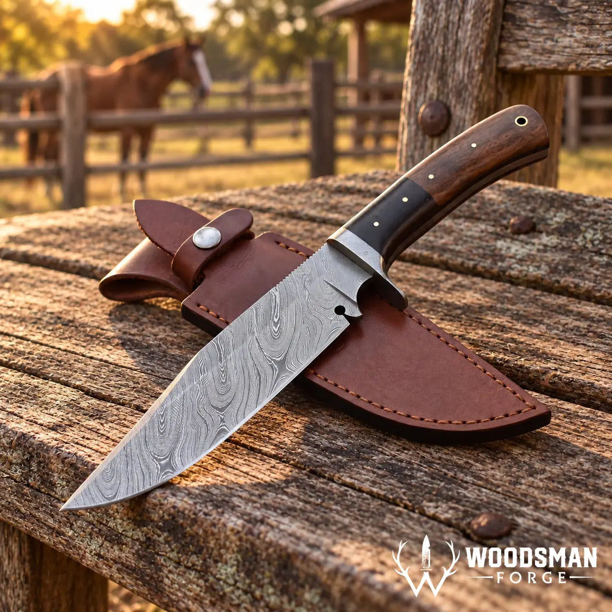 Roseforge Damascus Bowie Knife – Rosewood & Micarta Handle