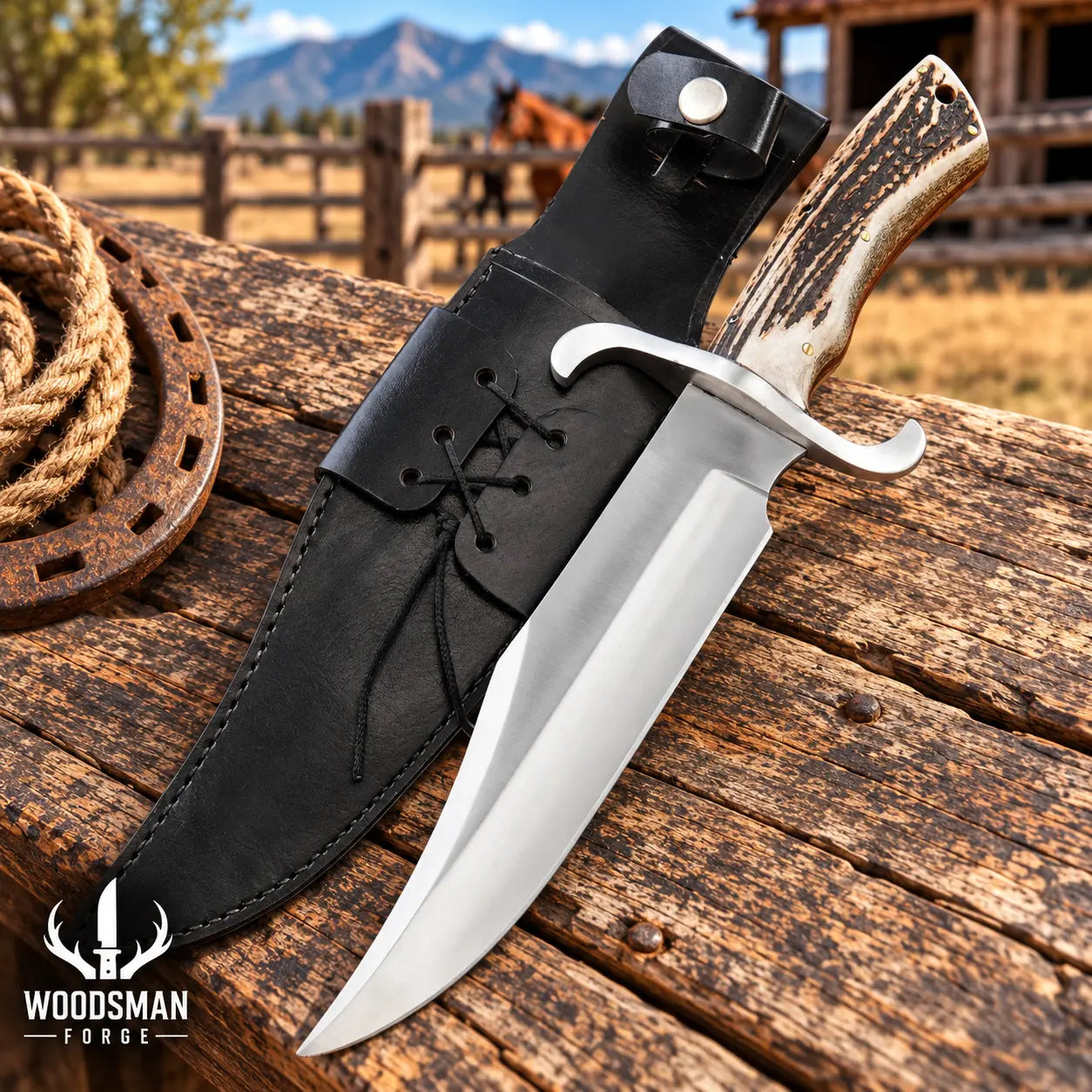 Stagforge D2 Steel Bowie Knife – Stag Horn Handle & Leather Sheath