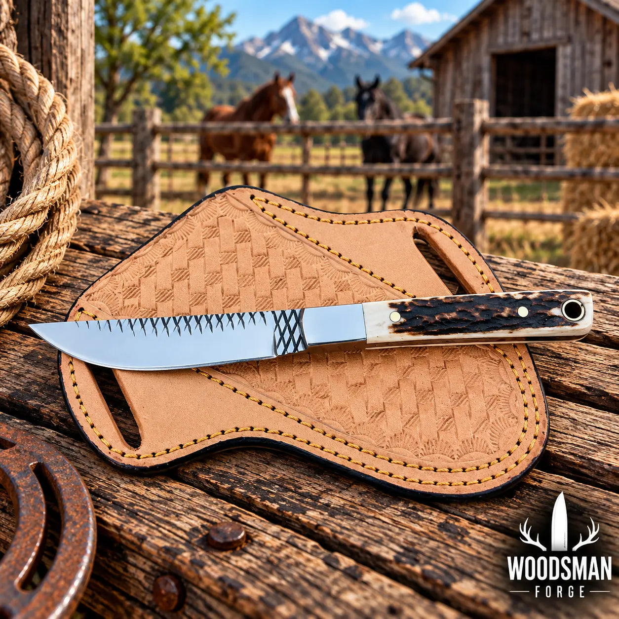 Stagmere Rasp Steel Skinner Knife – Stag Horn Handle & Leather Sheath