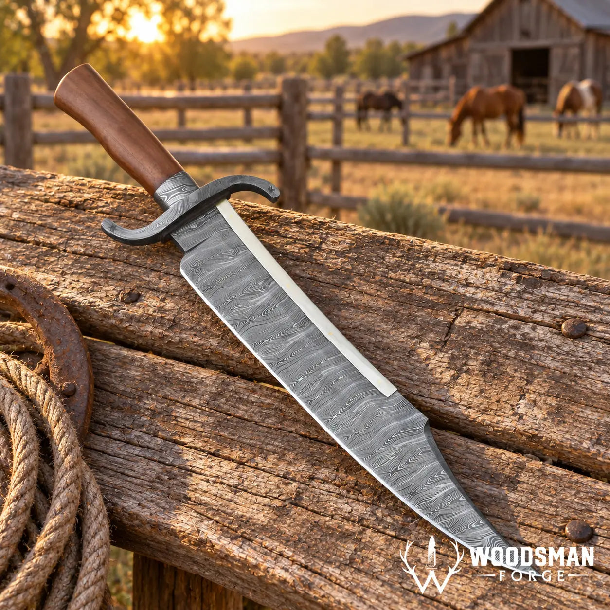 Ironwood Twisted Damascus Bowie Knife – Walnut Handle & Leather Sheath